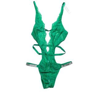 Victoria’s Secret Shine Strap Lace Crotchless Teddy Verdant Green Size XS